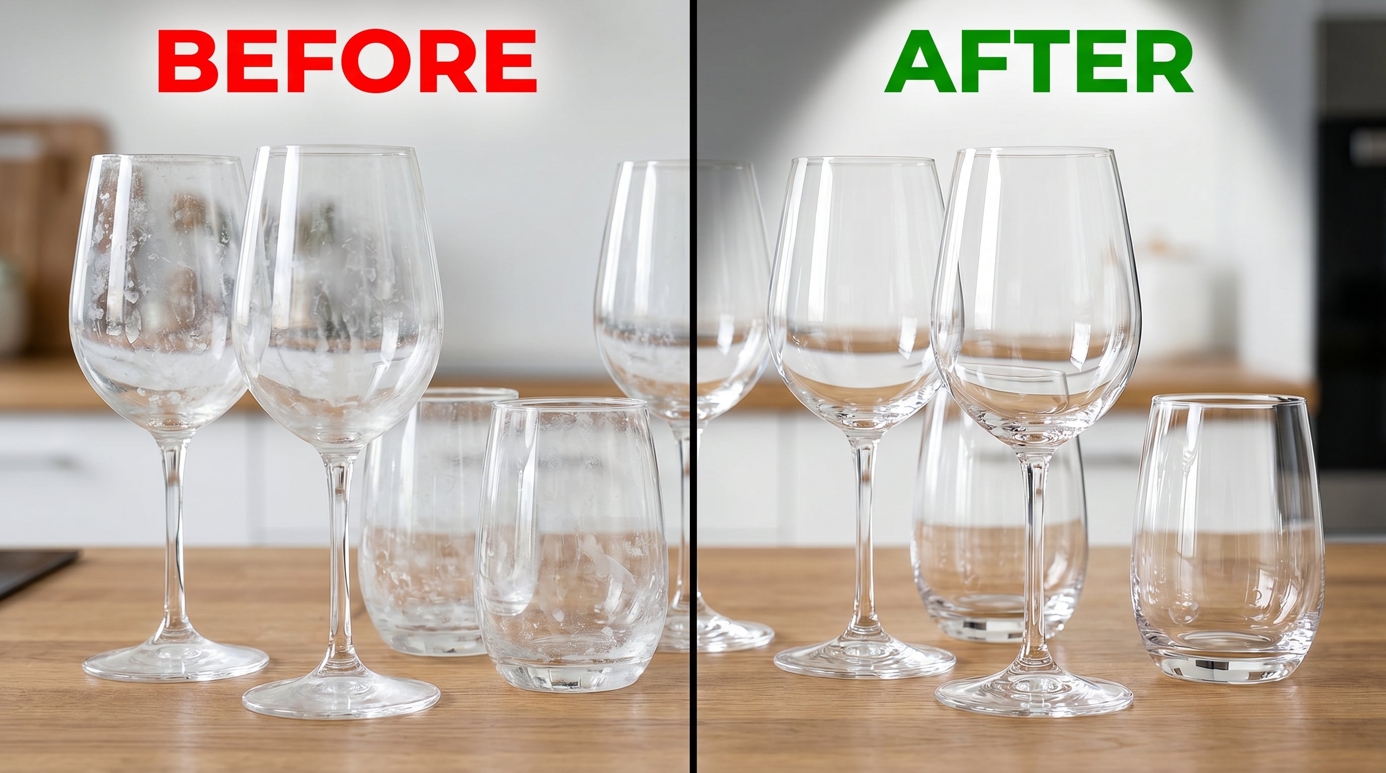 Before and after: spotted dishes from hard water
