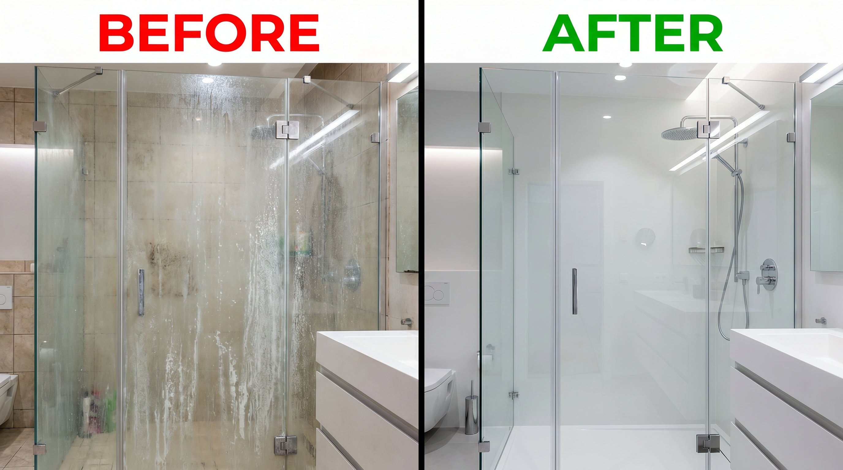 Before and after: shower glass hard water stains