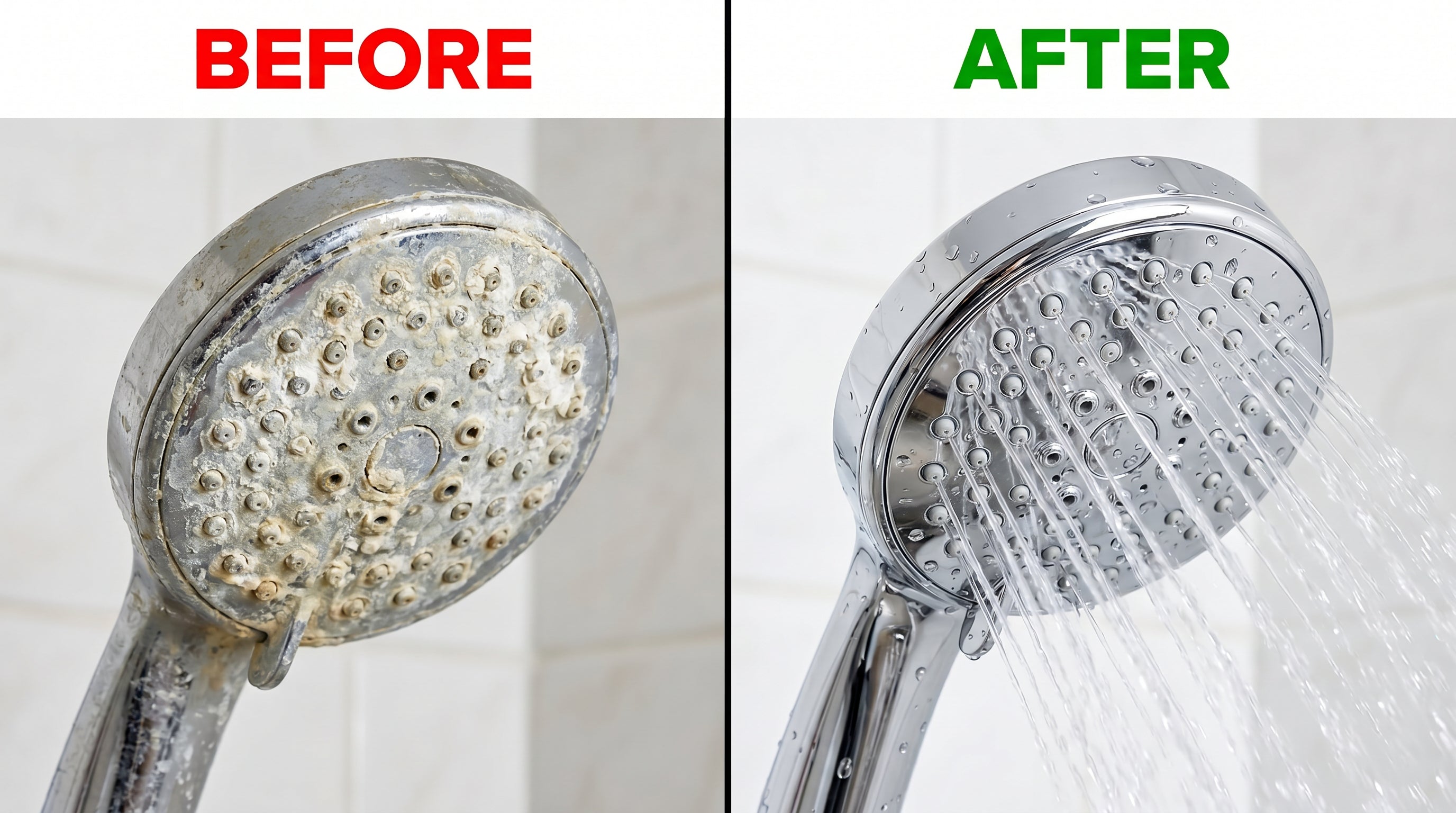 Before and after: clogged showerhead from hard water